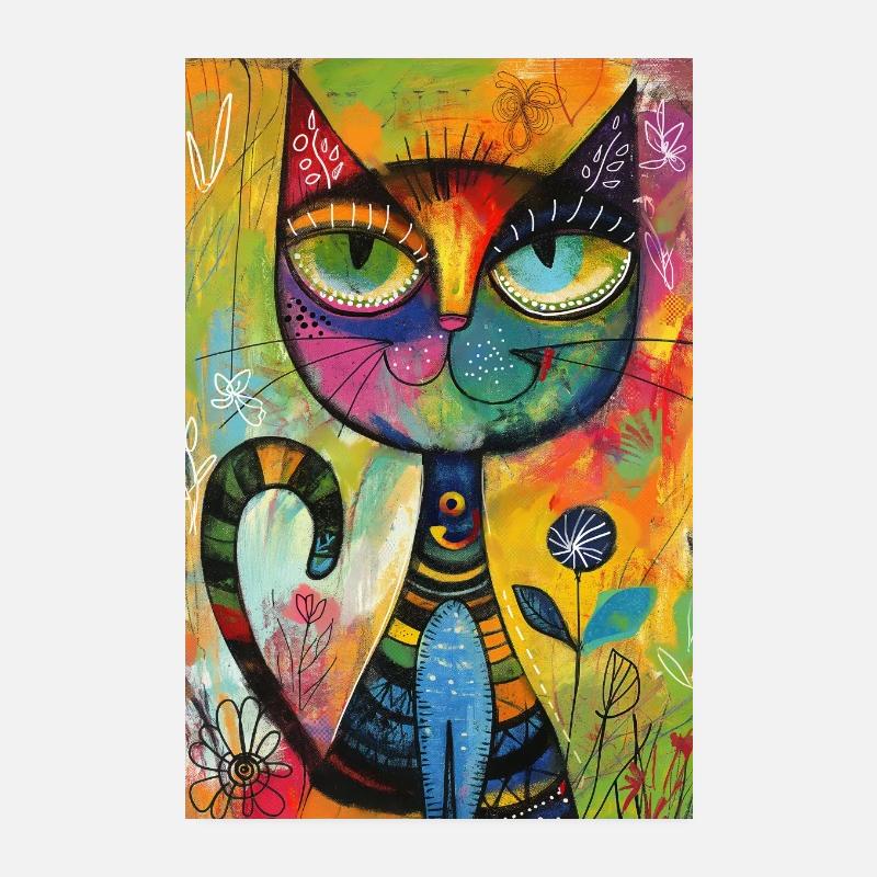 Whimsical colorful Cat Poster 8" x 12" (20x30 cm)