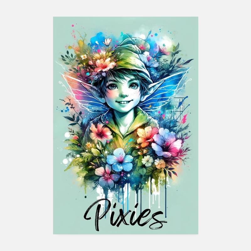 Pixie - Pixies - Blumen, Aquarell und Fee - Poster 20x30 cm - Weiß