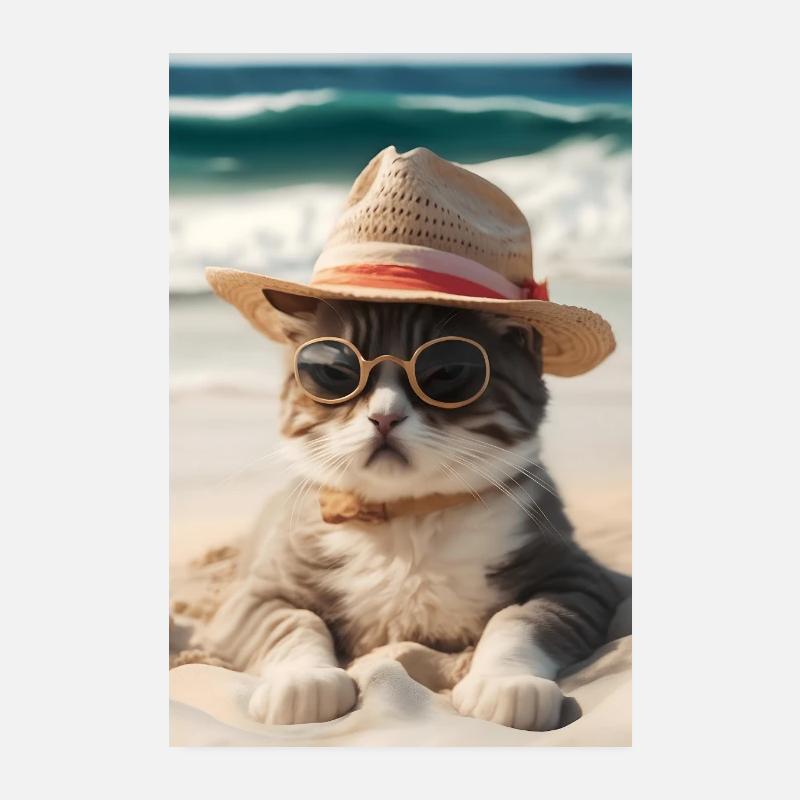 Cool cat on the beach with sunglasses and hat Poster 8" x 12" (20x30 cm)