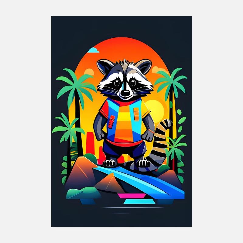 Retro Waschbär in Tropical Sunset Poster 20x30 cm