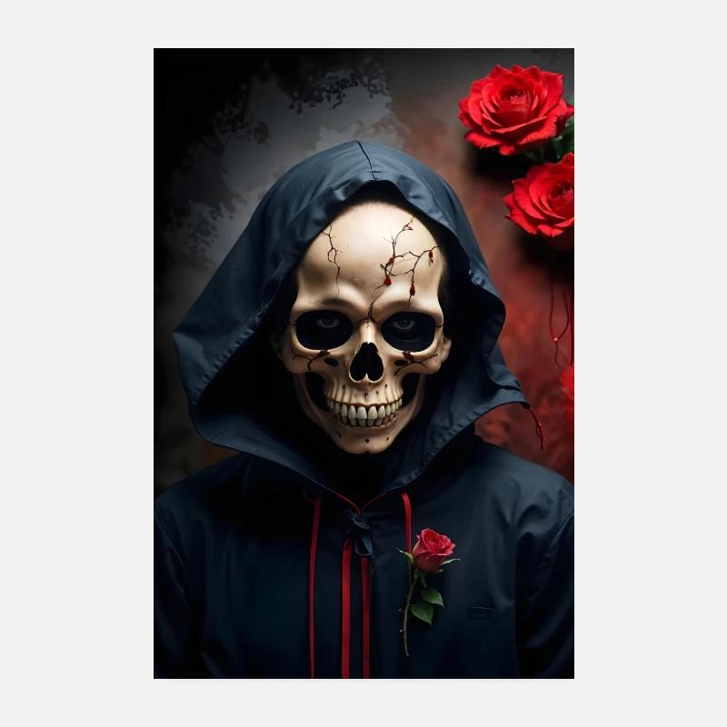 Totenkopf Gothic rote Rosen Schädel Poster - Poster 20x30 cm - Weiß