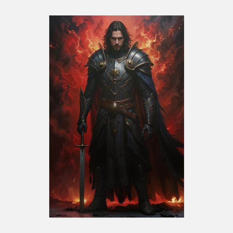 Chevalier devant une mer de flammes Poster 20 x 30 cm