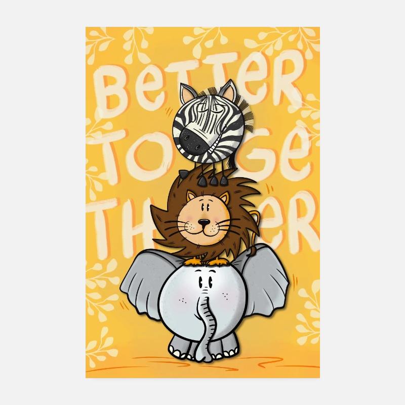 Mieux ensemble Éléphant Lion Zèbre Poster 20 x 30 cm