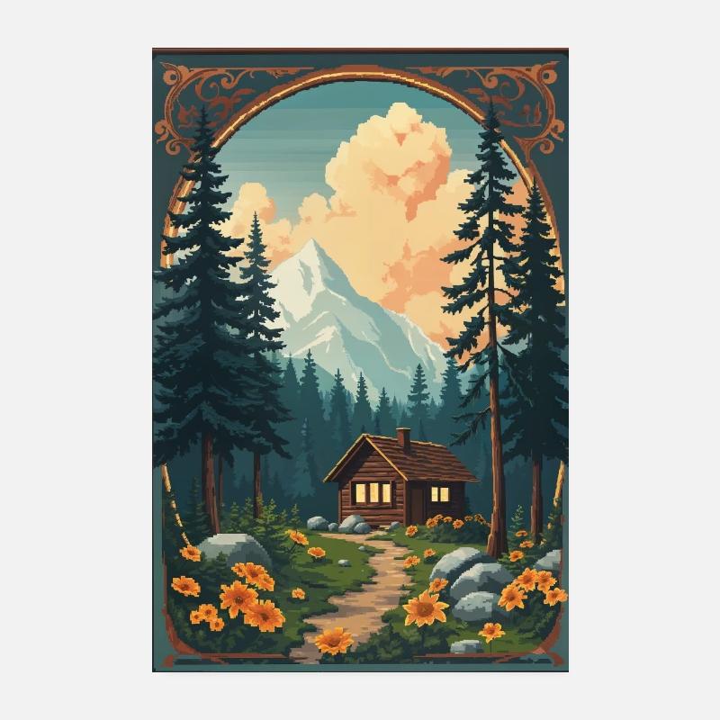 Cabane pixélisée dans les bois - Poster 20 x 30 cm - blanc