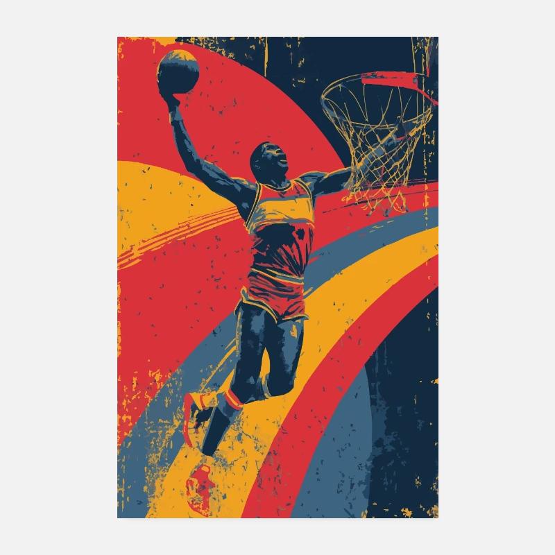 Dunk de basket-ball rétro avec des feuilles de couleur. Poster 20 x 30 cm
