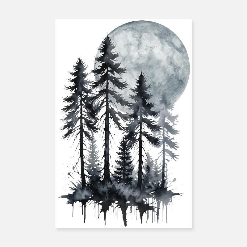 Forêt au clair de lune, Aquarelle, Silhouette Poster 20 x 30 cm