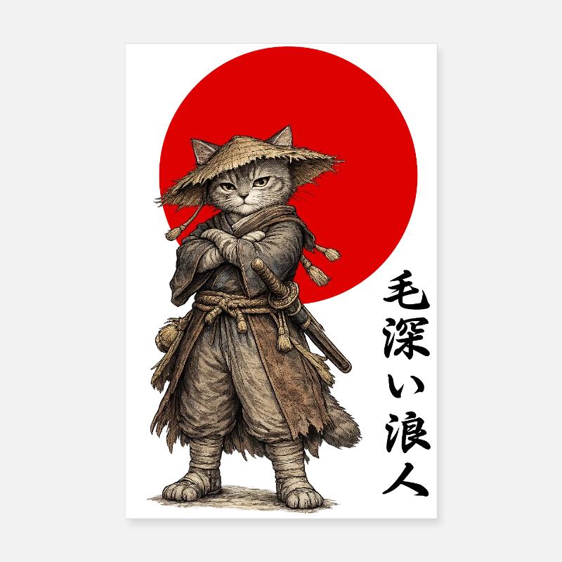 Katzen-Ronin-Samurai unter roter Sonne - Poster 20x30 cm - Weiß