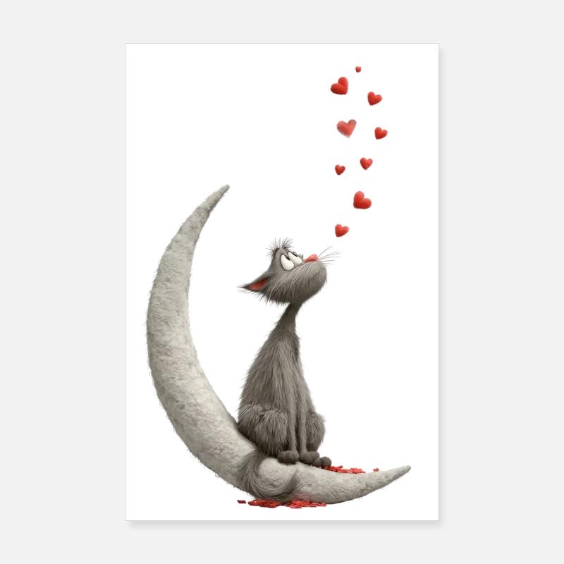 Katze auf Mond  - Poster 20x30 cm - Weiß