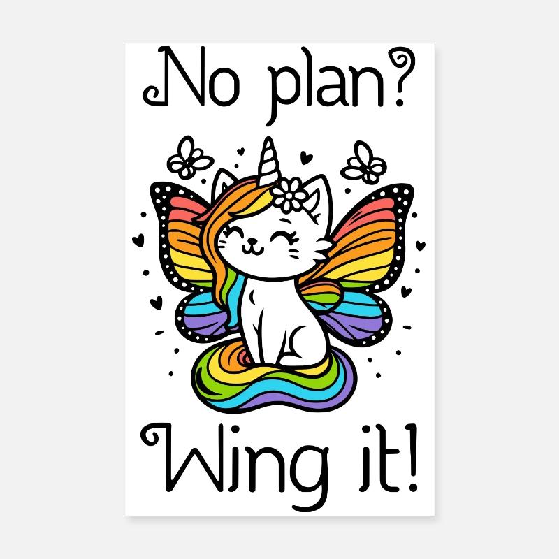 Pas de plan ? Ailez-le ! Chat licorne ailé (coloré) Poster 20 x 30 cm