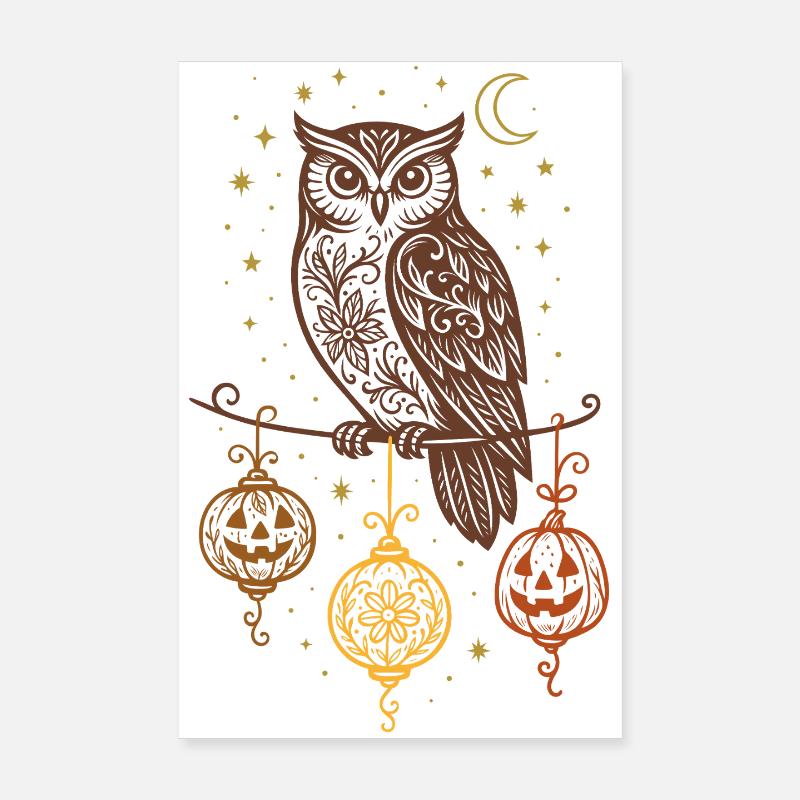 Halloween Eule mit Kürbis Laternen & Sternen Poster 20x30 cm