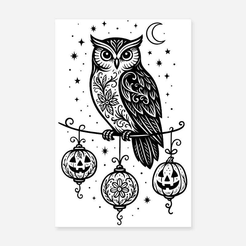 Halloween Eule mit Kürbis Laternen & Sternen Poster 20x30 cm