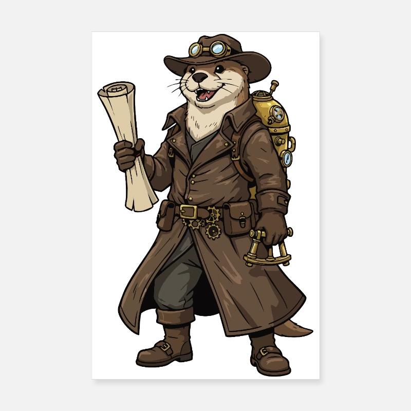 Otter Explorer Steampunk Retro-Kartograph Poster 20x30 cm