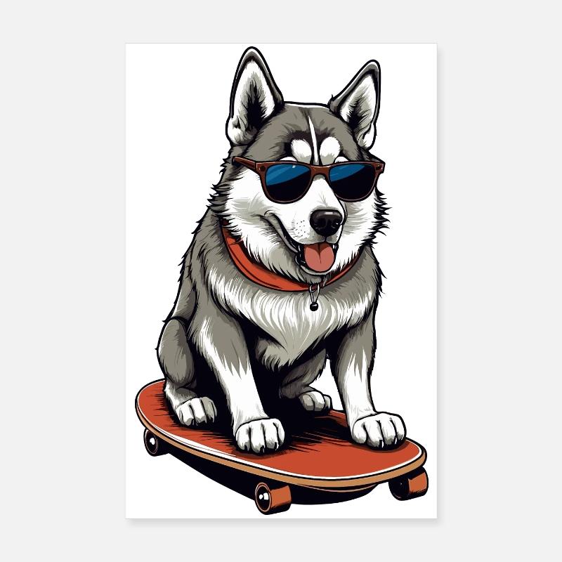 Süßer Husky auf Skateboard Poster 20x30 cm