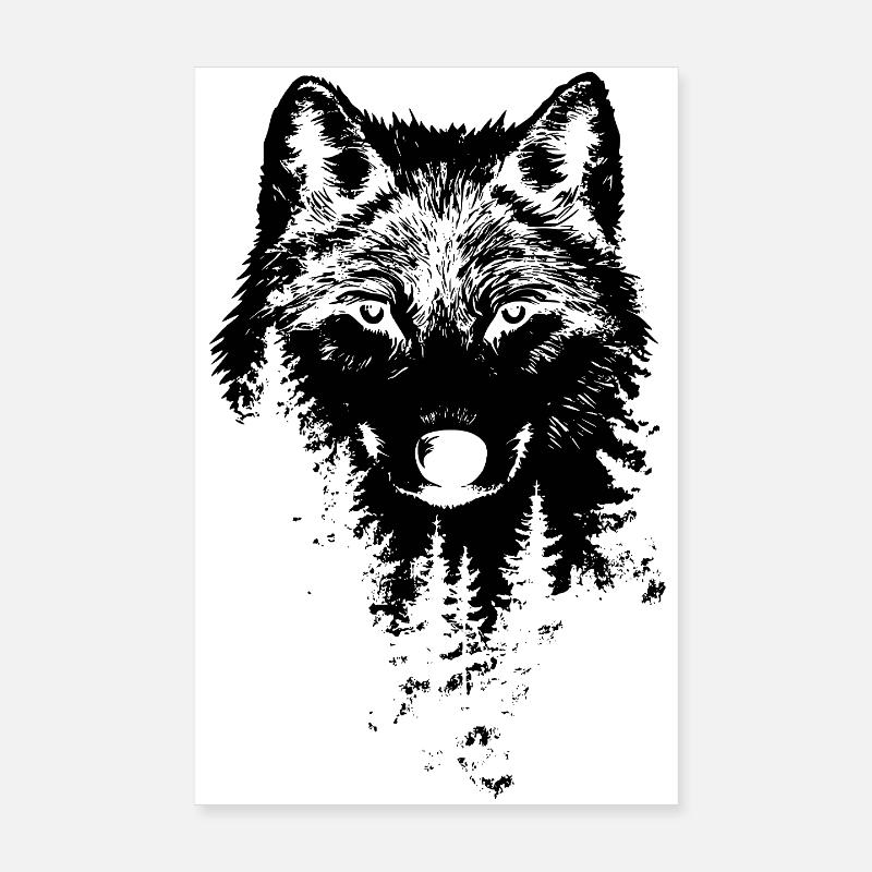 Silhouette de forêt de visage de loup Poster 20 x 30 cm