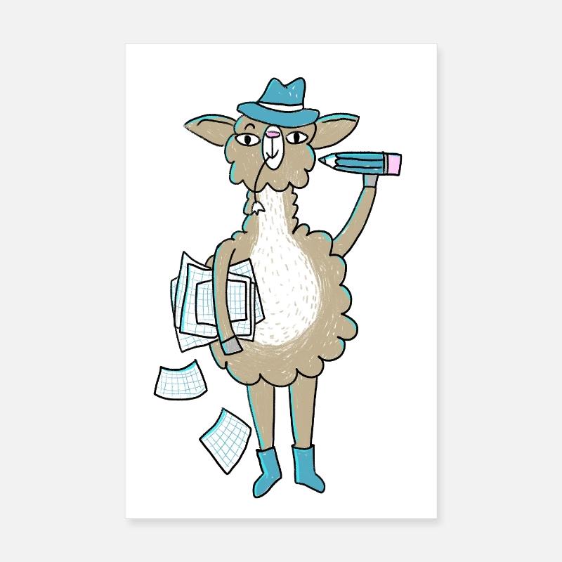 Llama with blue hat and writing utensils Poster 8" x 12" (20x30 cm)