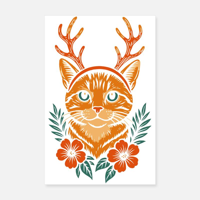 Cerf chat avec couronne de fleurs Poster 20 x 30 cm