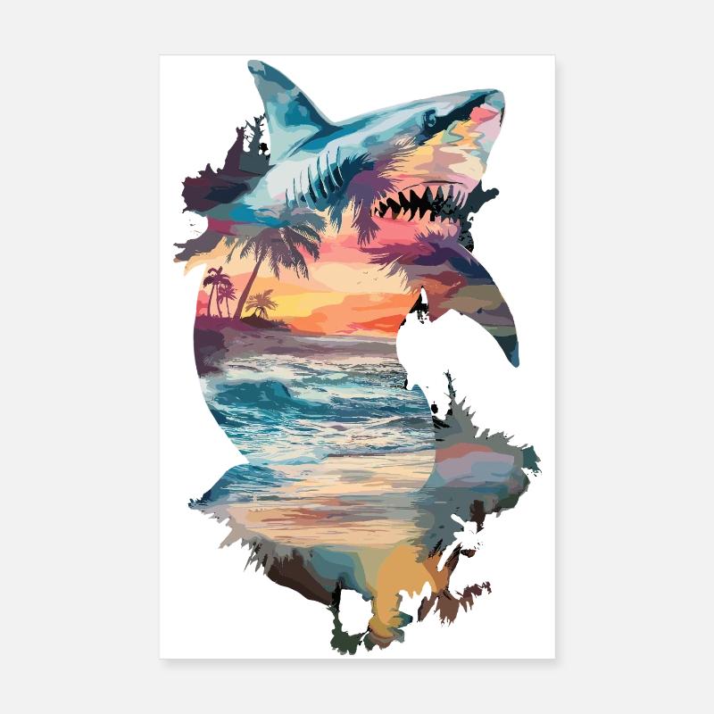 Requin, coucher de soleil, plage, palmiers, mer, nature Poster 20 x 30 cm