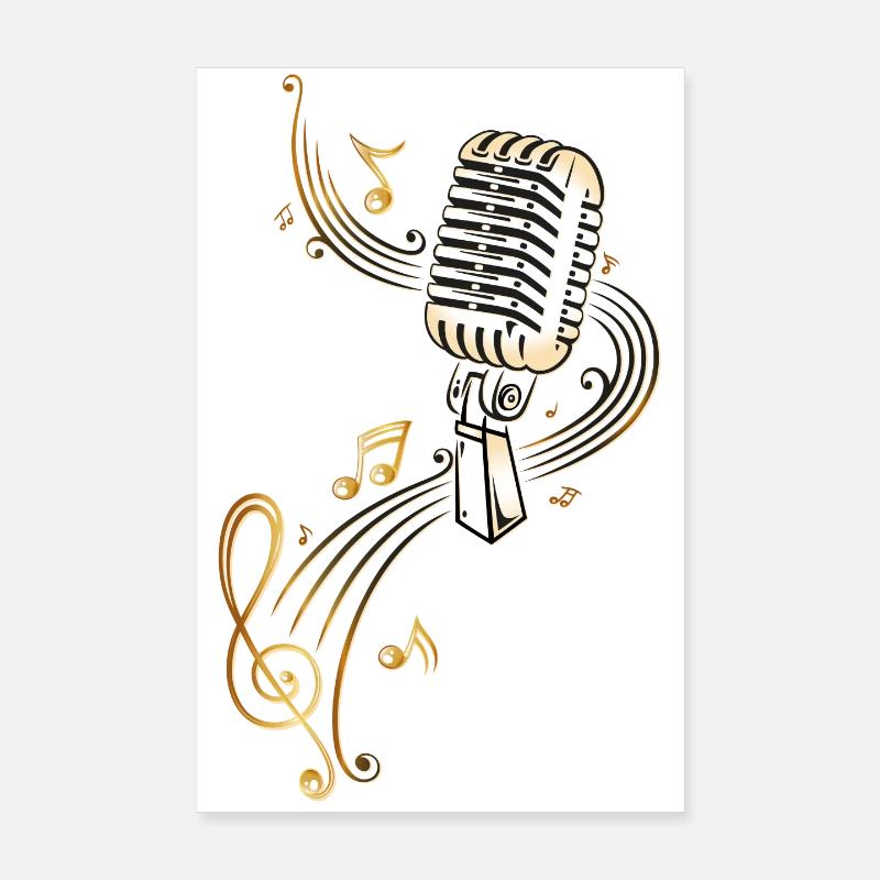 Retro microphone with music notes and clef. Poster 8" x 12" (20x30 cm)
