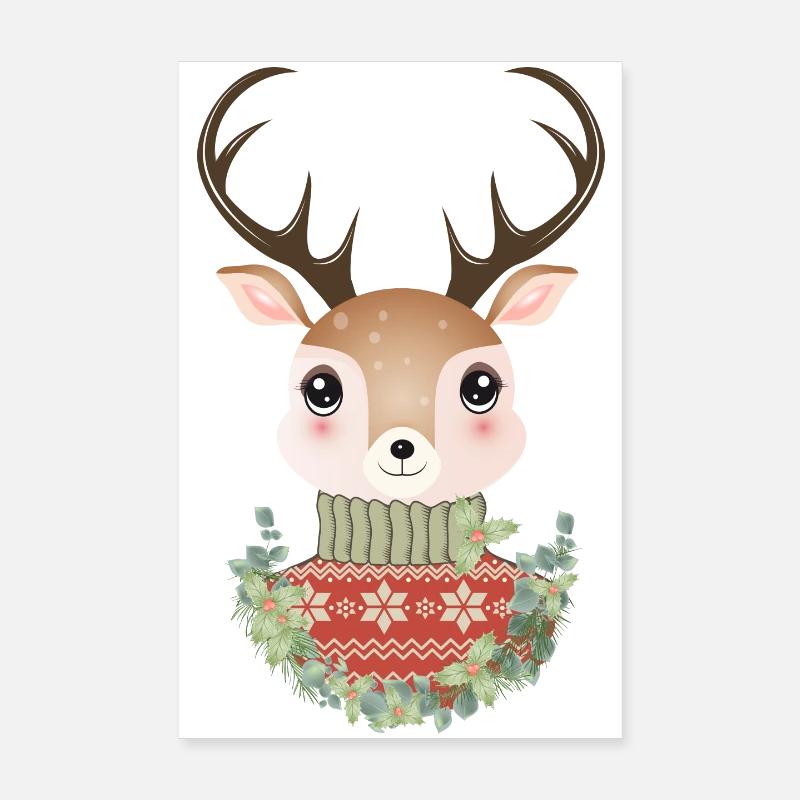 niedlicher Hirsch mit Pullover und Weihnachtskranz Poster 20x30 cm