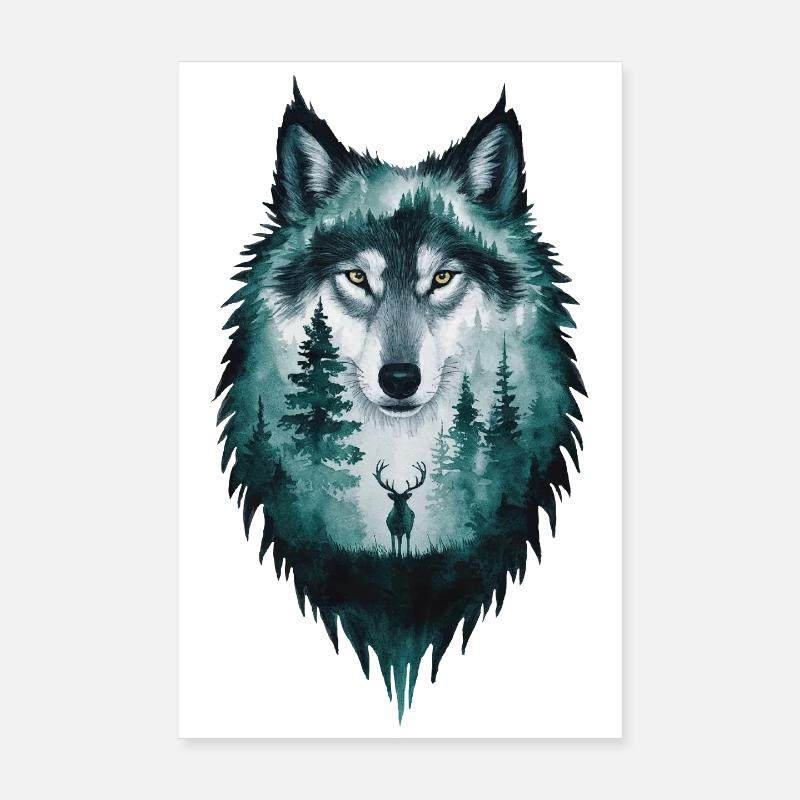 Wolf Silhouette Deer Woodland Gift Poster 8" x 12" (20x30 cm)