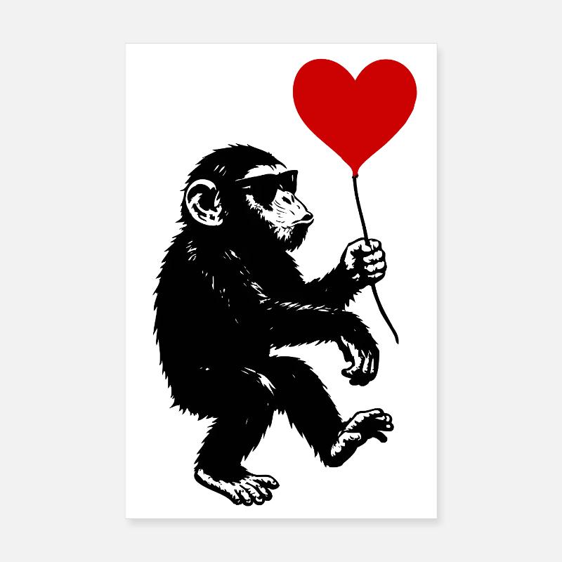 Monkey with Red Heart Balloon Poster 8" x 12" (20x30 cm)