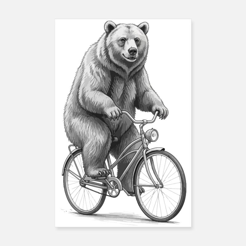 Bear on Bicycle in Monochrome Whimsy Poster 8" x 12" (20x30 cm)