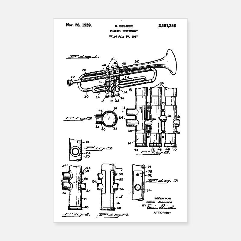 Trompette – Brevet vintage de dessin technique Poster 20 x 30 cm