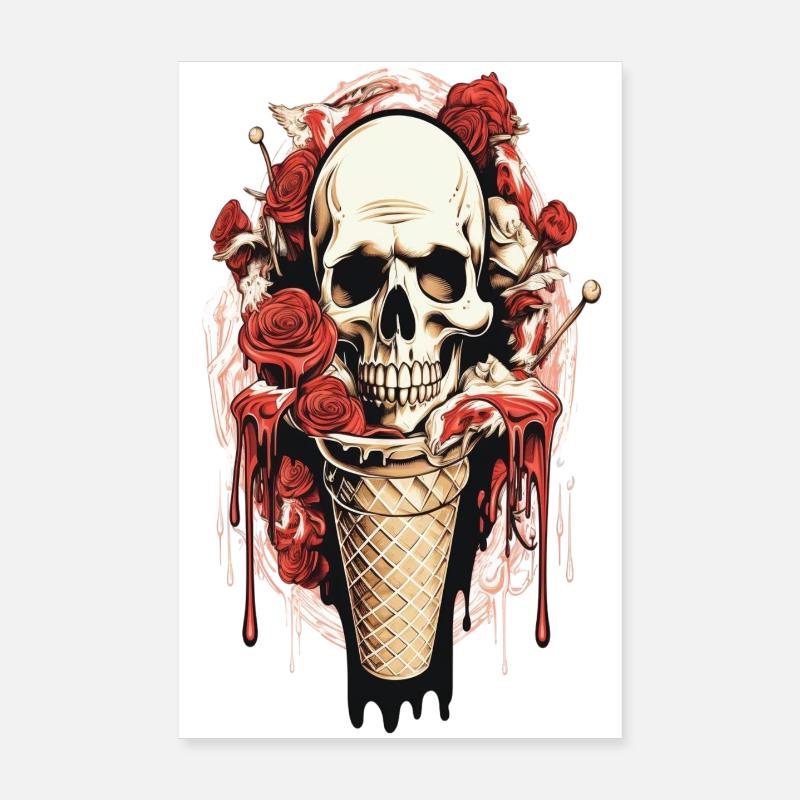 Cornet de glace tête de mort avec roses et cire Poster 20 x 30 cm