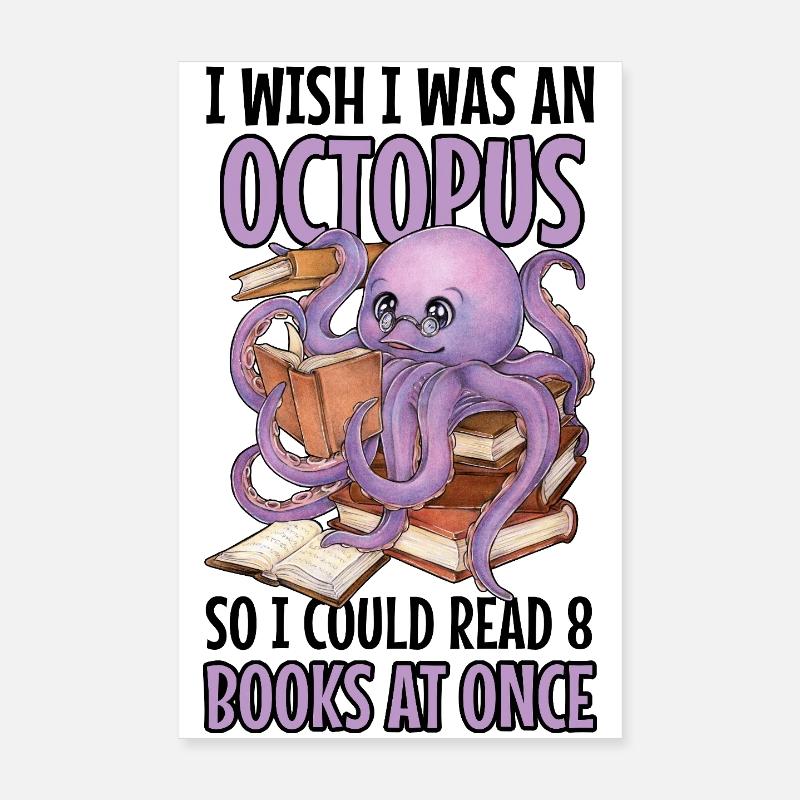 Reading Octopus in Stack of Books Book Gift Poster 8" x 12" (20x30 cm)