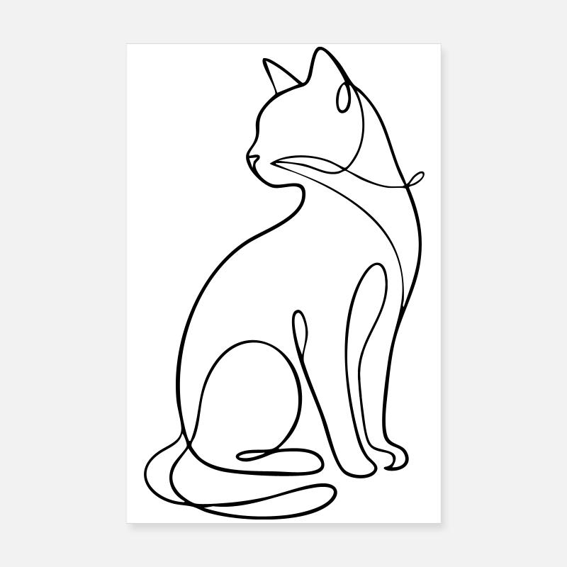 Silhouette du chat assis à une ligne Poster 20 x 30 cm