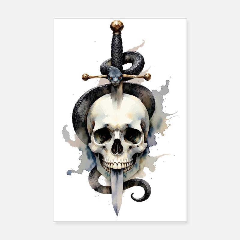 Crâne, épée et serpent – Aquarelle Art sombre Poster 20 x 30 cm