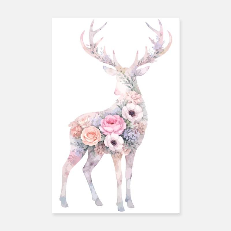 Hirsch Aquarell Silhouette Blumen Poster 20x30 cm