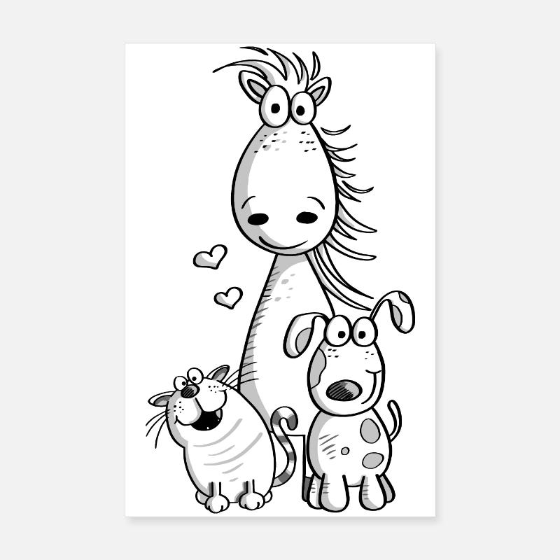Beste Freunde I Pferd Hund Katze Comic - Poster 20x30 cm - Weiß