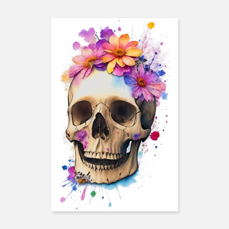 Crâne avec des fleurs Poster 20 x 30 cm