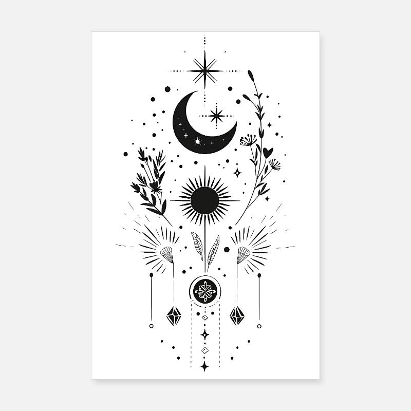 Boho Moon & Sun – Conception d’art de lignes mystiques Poster 20 x 30 cm