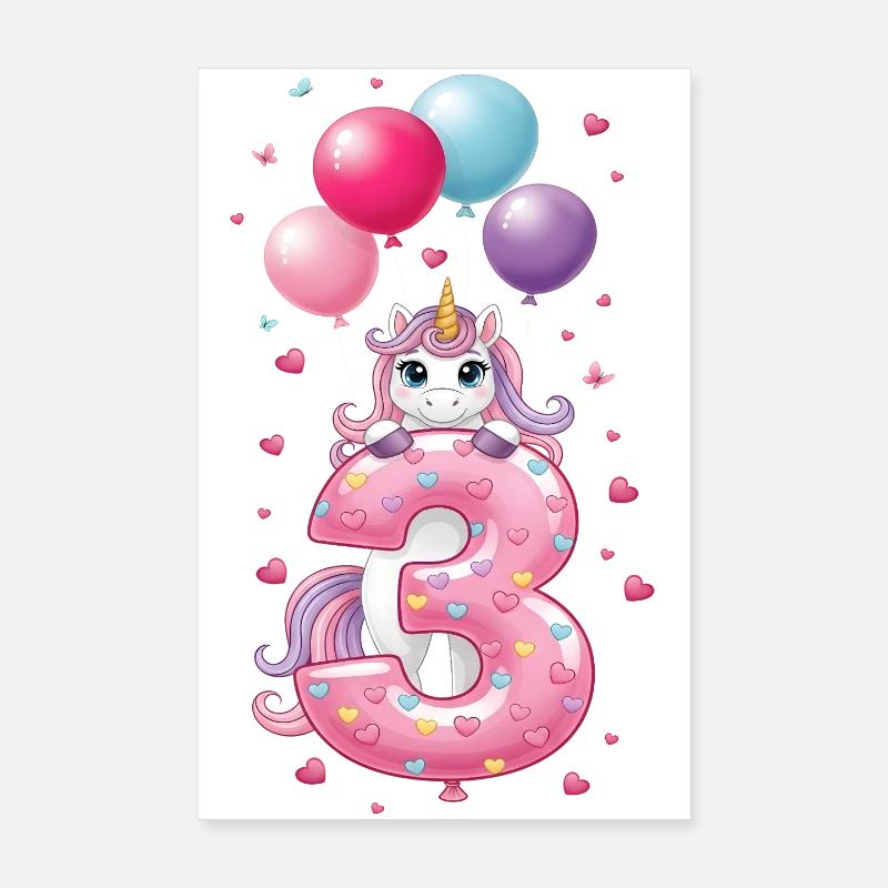 3 Jahre Mädchen Süßes Einhorn 3. Geburtstag Poster 20x30 cm