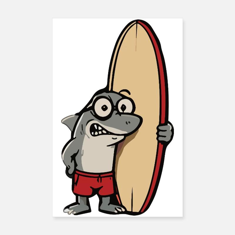 Surferhai Cartoon mit Surfbrett Poster 20x30 cm