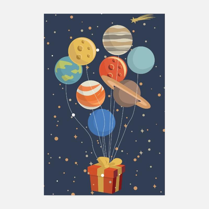 Planeten als Luftballons an einem Geschenk - Poster 20x30 cm - Weiß