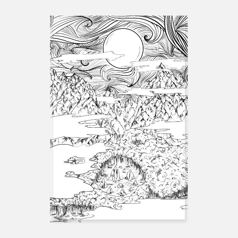doodle mountain, conception de scènes de nuit naturelles - Poster 20 x 30 cm - blanc