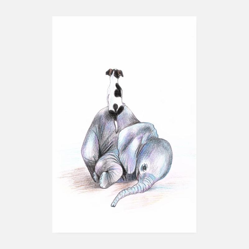 Chien fort et éléphant Poster 20 x 30 cm