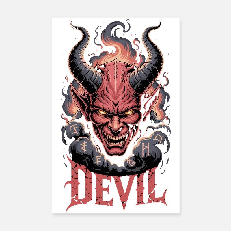  Devil Dämonischer Kopf Mit Hörnern Flammen Runen Poster 20x30 cm