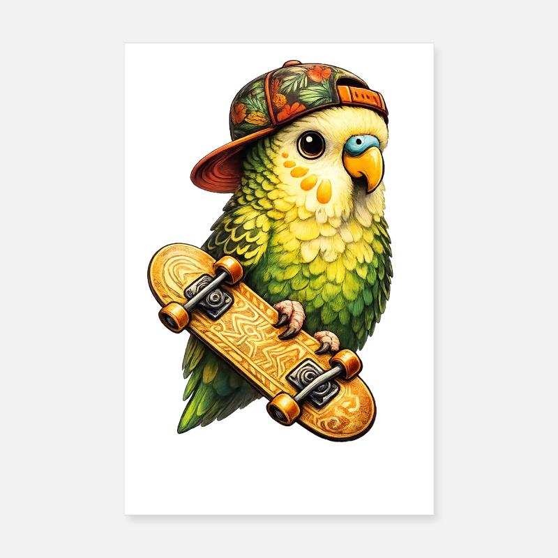 Cooler Skatebird – Papagei mit Cap & Skateboard - Poster 20x30 cm - Weiß