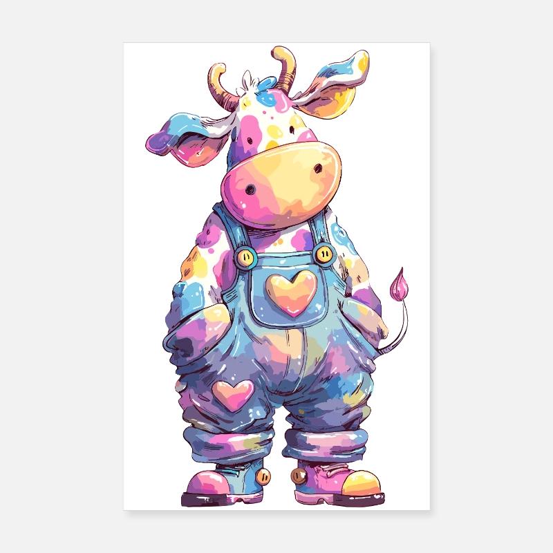 Vache pastel en salopette colorée Poster 20 x 30 cm