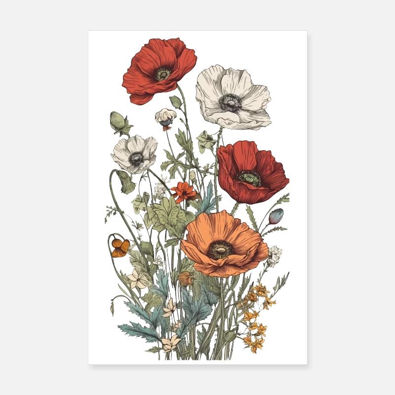 Beautiful Boho Poppy Herbarium Bouquet Poster 8" x 12" (20x30 cm)