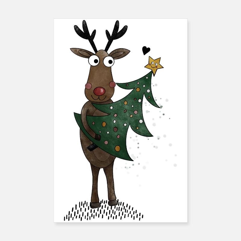 Renne avec sapin de Noël - Poster 20 x 30 cm - blanc