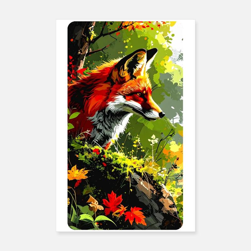 Fuchs mit Herbstlaub im Wald  (Blick nach Rechts) Poster 20x30 cm