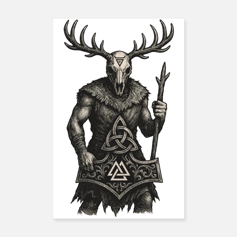 Wächter des Waldes | Valknut & Mjölnir Totem Poster 20x30 cm