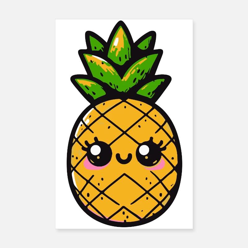 Ananas kawaii avec feuillage vert Poster 20 x 30 cm