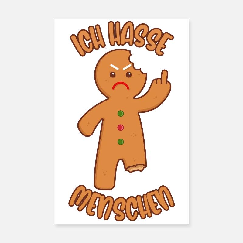 Lebkuchenmann Mittelfinger Ich hasse Menschen - Poster 20x30 cm - Weiß