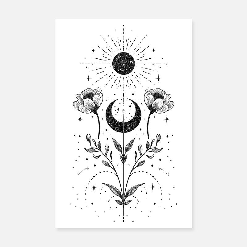 Boho Sonne und Mond mit floralen Elementen Poster 20x30 cm